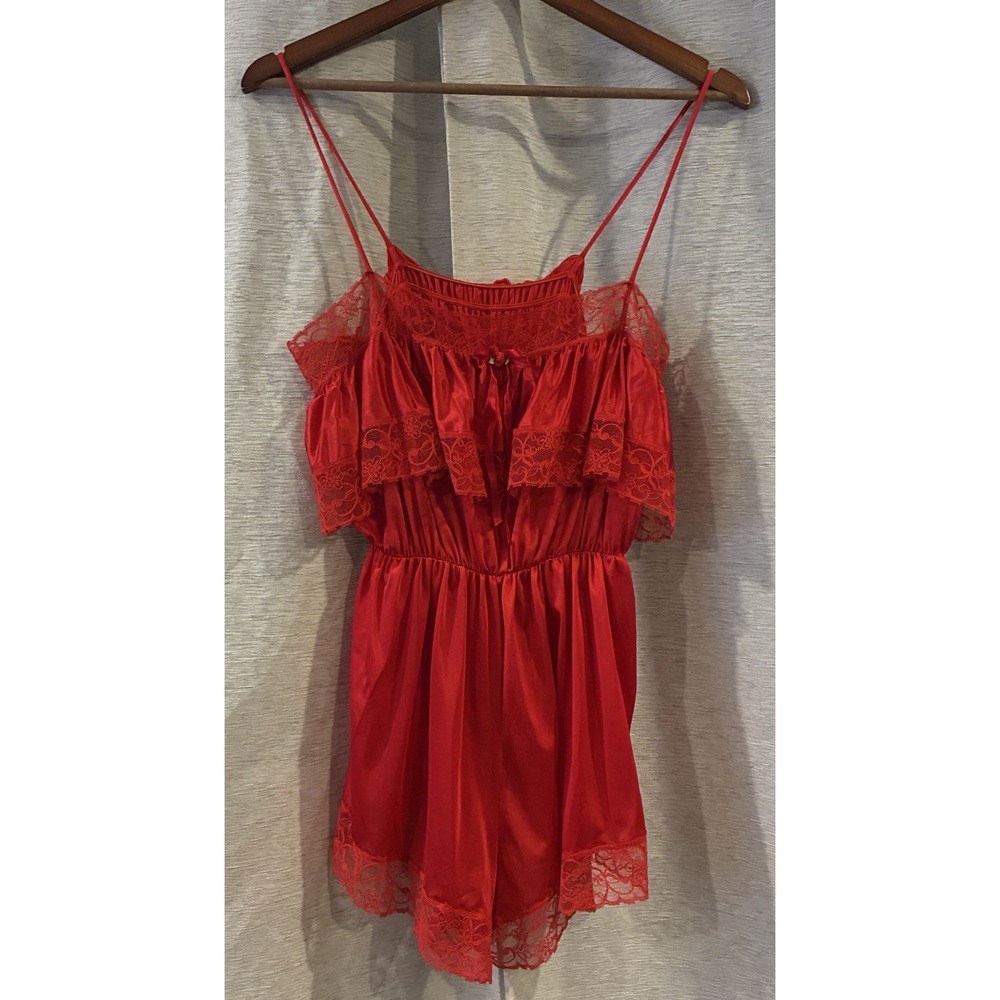 Vintage Gilead Red Teddy Romper Lingerie Nylon Lace Trim 80s USA 8944 Medium
